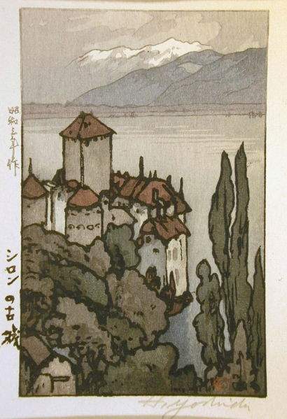 Hiroshi Yoshida “Castle of Chillon” 1928 woodblock print