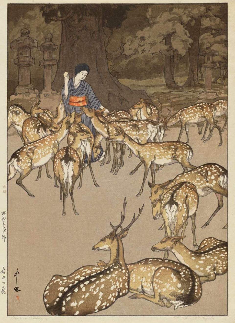 Hiroshi Yoshida “Deer in Kasuga” 1928 woodblock print