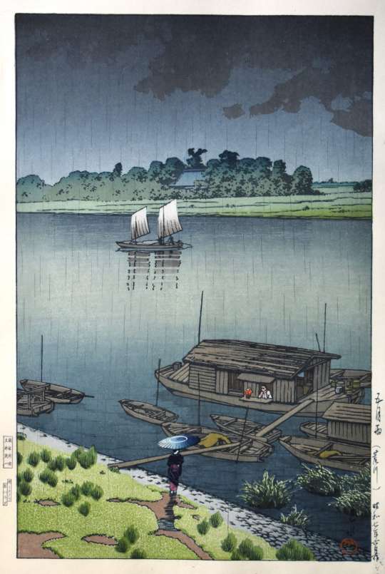 Hasui Kawase “Early Summer Rain, Arakawa” woodblock print thumbnail