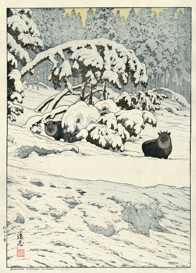 Toshi Yoshida “Japanese Antelopes in Snow” 1981 woodblock print
