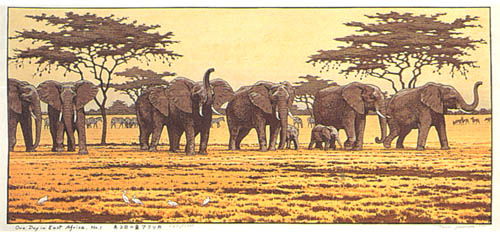 Toshi Yoshida “One Day in East Africa No. 1” 1990 woodblock print