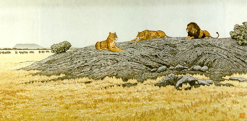 Toshi Yoshida “Peaceful Wild Animals” 1974 woodblock print