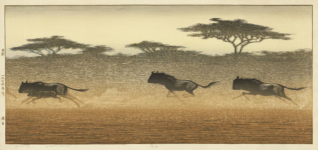 Toshi Yoshida “Running” 1975 woodblock print