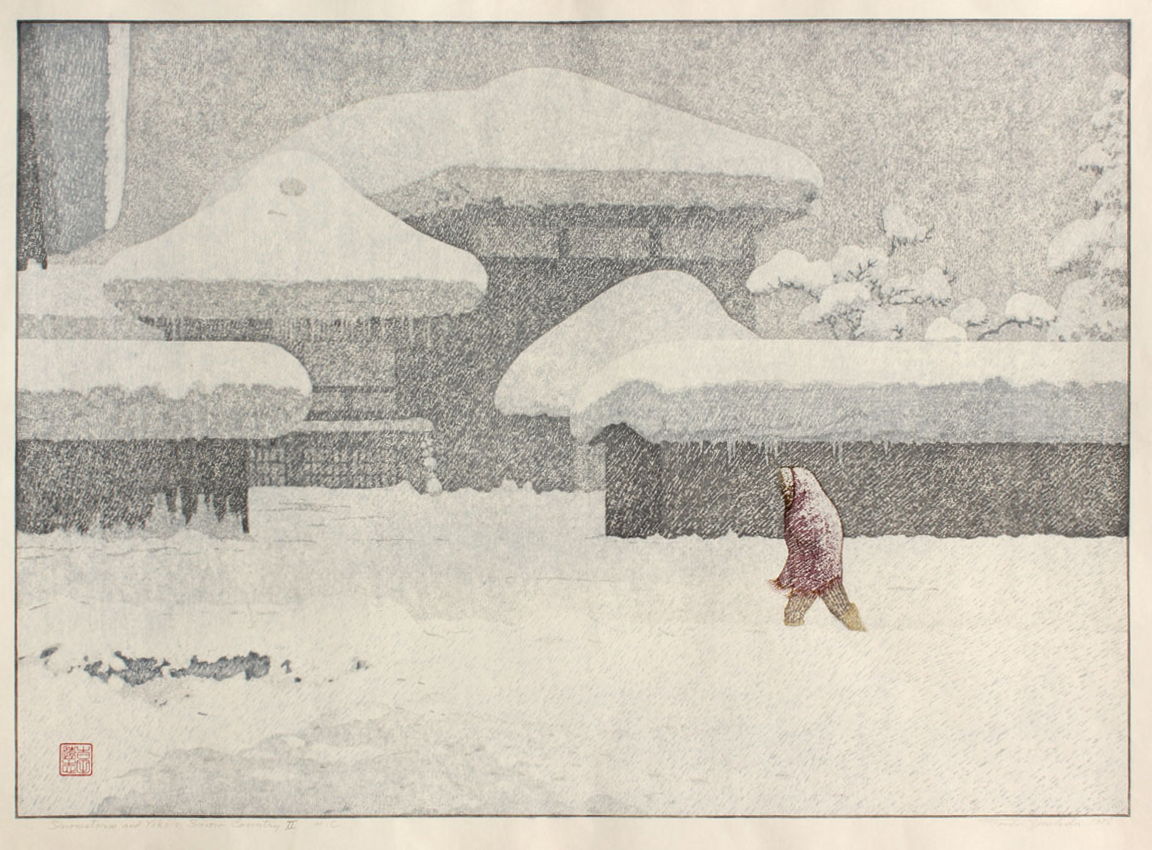 Toshi Yoshida “Snowstorm and Yoko: Snow Country II” 1986 woodblock print