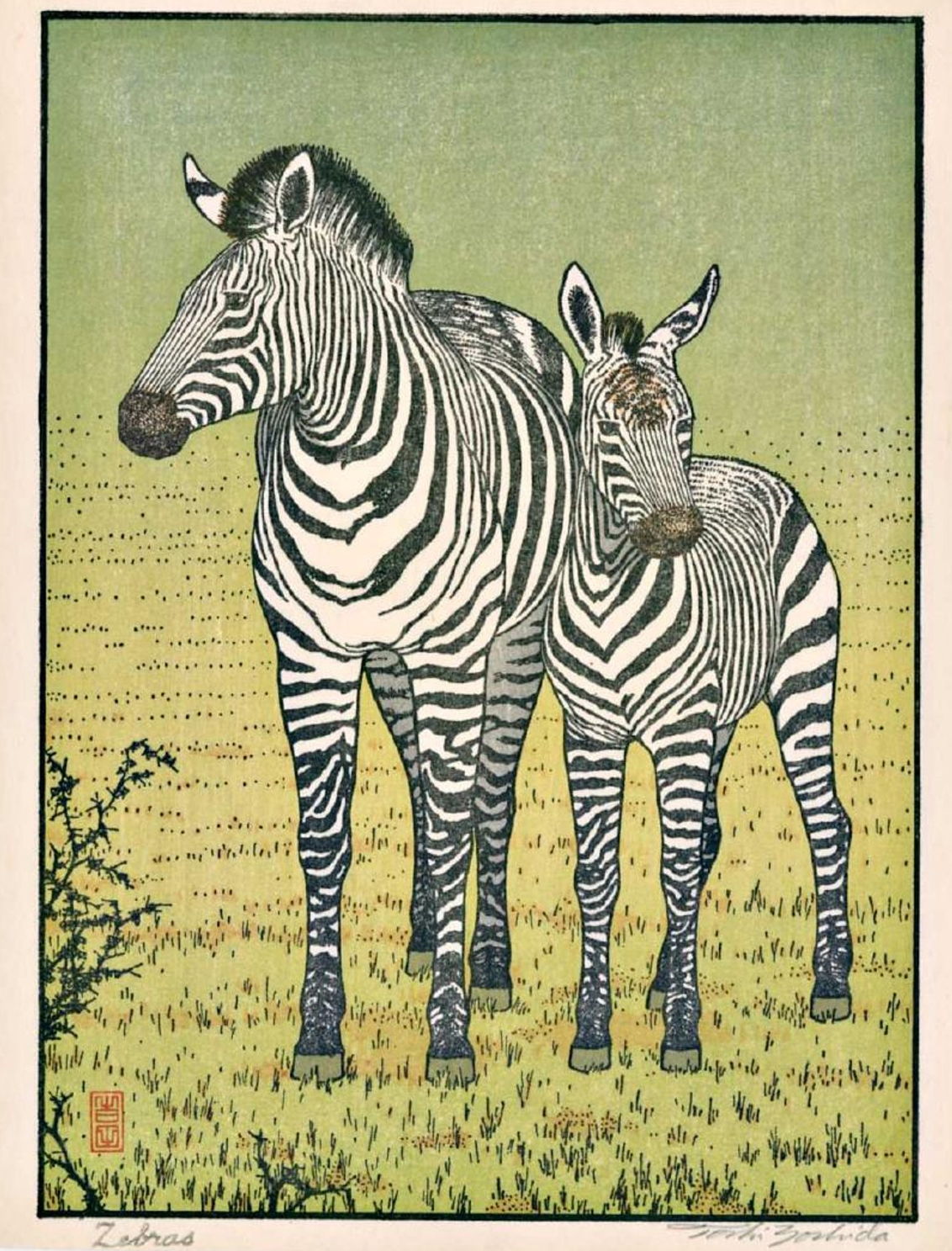 Toshi Yoshida “Zebras” 1987 woodblock print